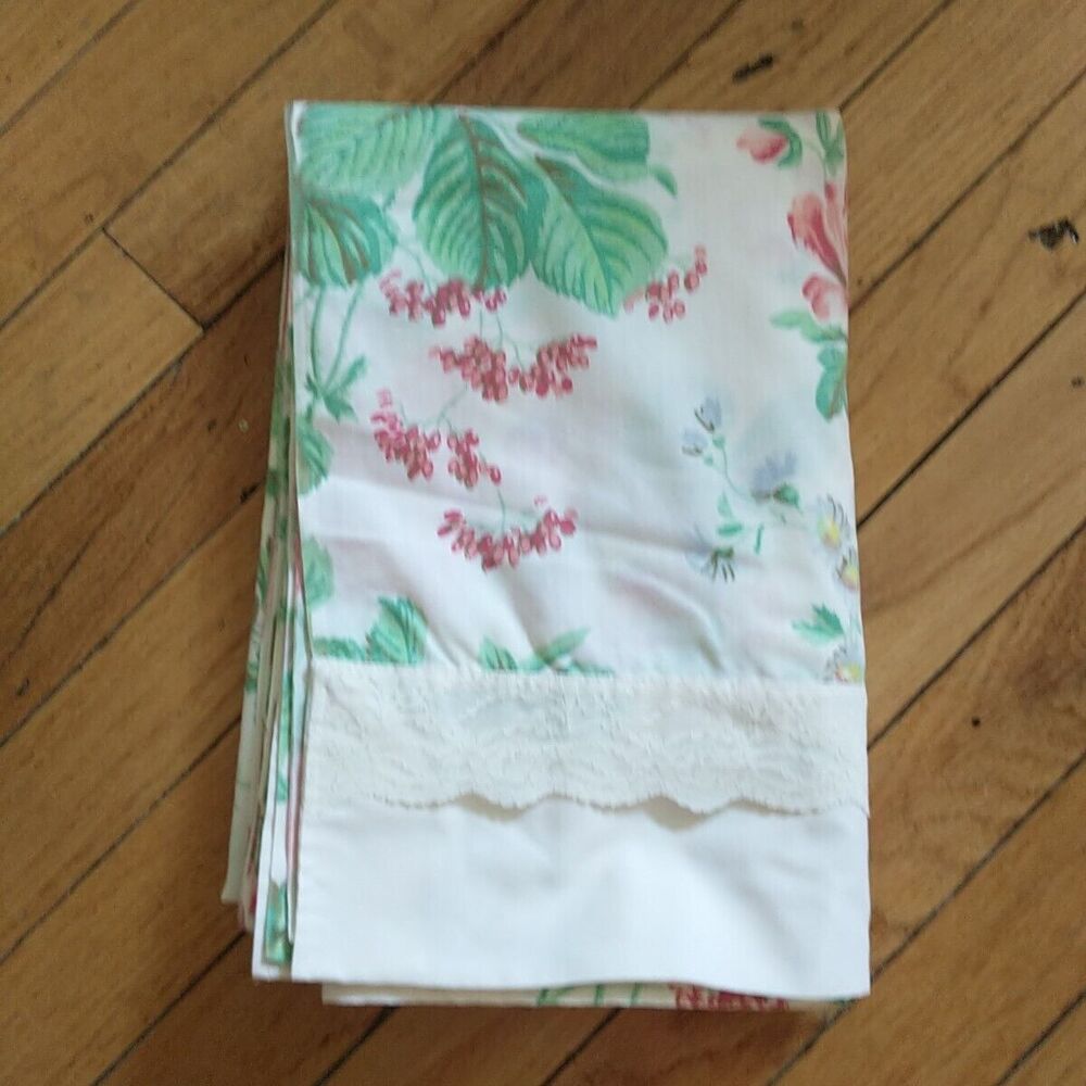 VTG Martex West Point Pepperell Twin Flat Sheet Pink Cabbage Rose Floral No Iron